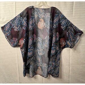 Sheer Paisley Open-Front Kimono Cardigan XXL Lightweight Boho Purple Blue Black